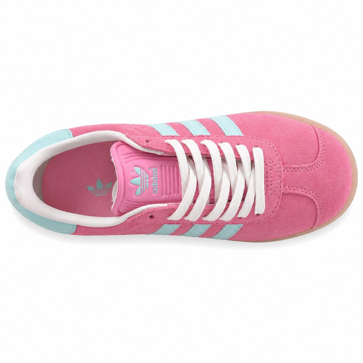 Adidas Gazelle rosa azul cielo vista superior cordones blancos