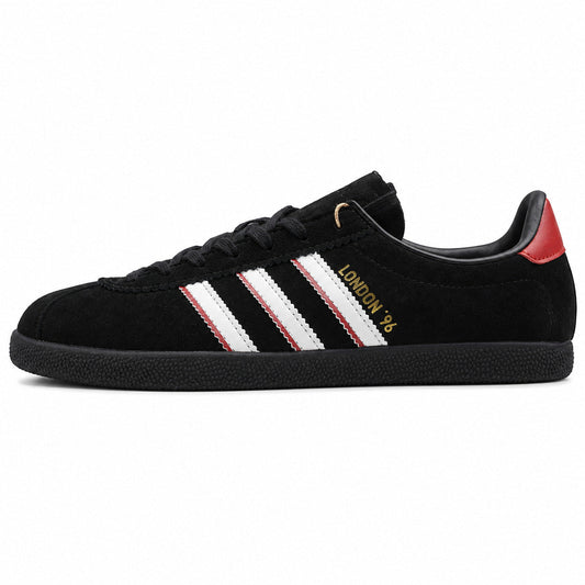 Adidas London 96 rojo ante, franjas negras y suela goma, lateral exterior