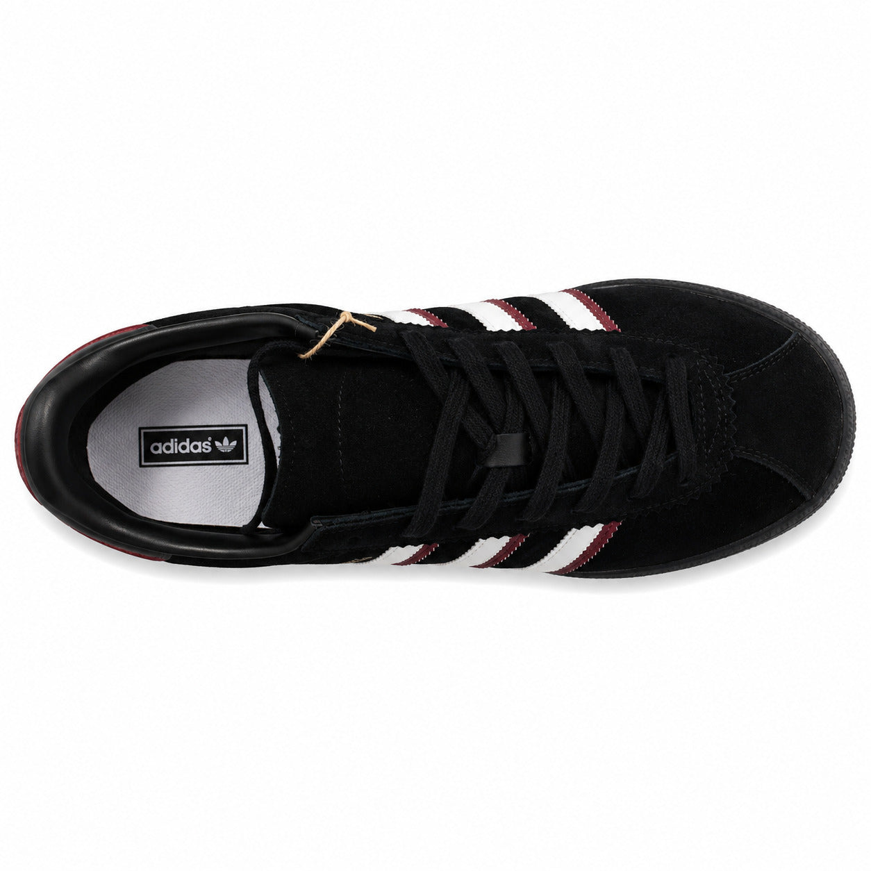 Adidas London 96 negro ante, franjas blancas y rojas, vista superior