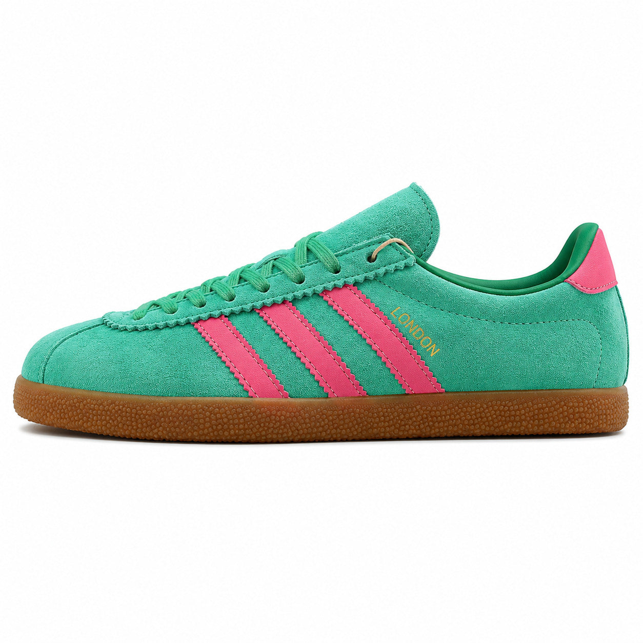 Adidas London verde menta ante, franjas rosas y suela goma, lateral exterior