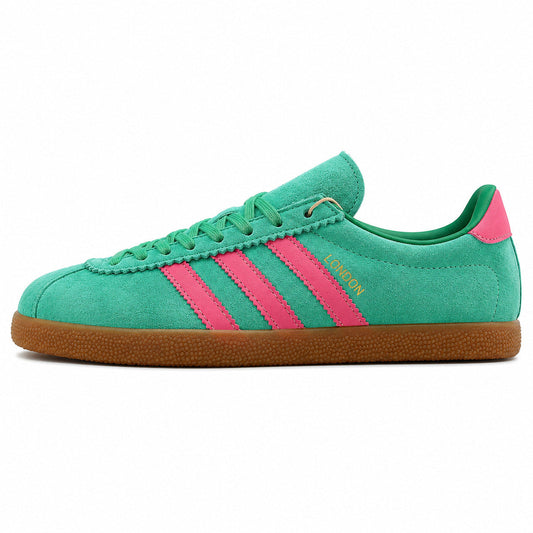 Adidas London verde menta ante, franjas rosas y suela goma, lateral exterior