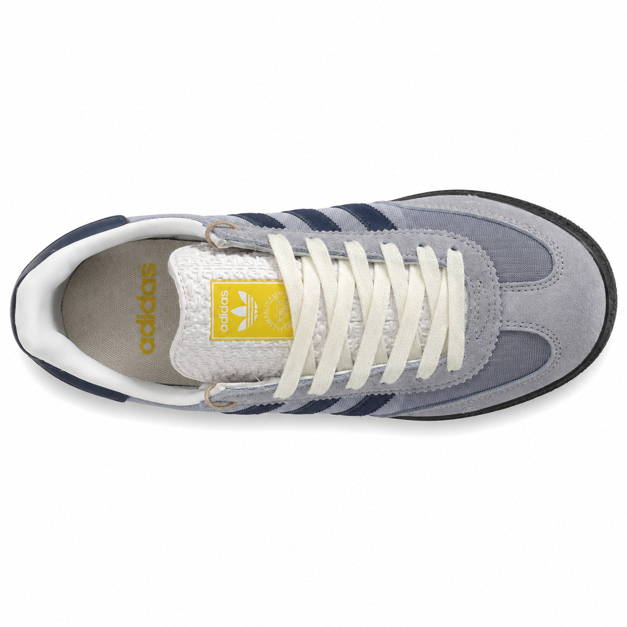Adidas Samba OG gris marino cordones crema etiqueta originals amarilla vista superior