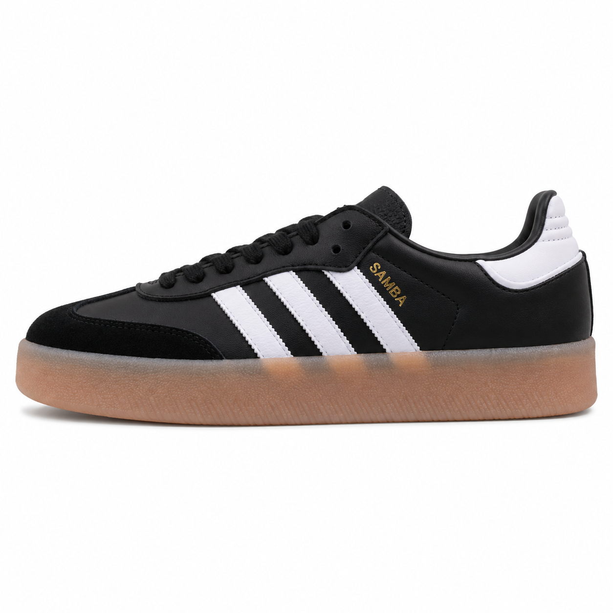 Adidas Sambae W negro cuero bandas blancas suela plataforma goma perfil izquierdo