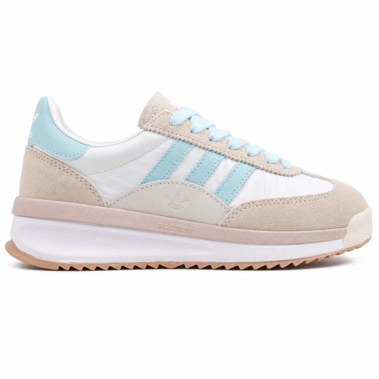 Adidas SL 72 RTN blanco ante beige azul cielo rosa mediasuela boost perfil derecho