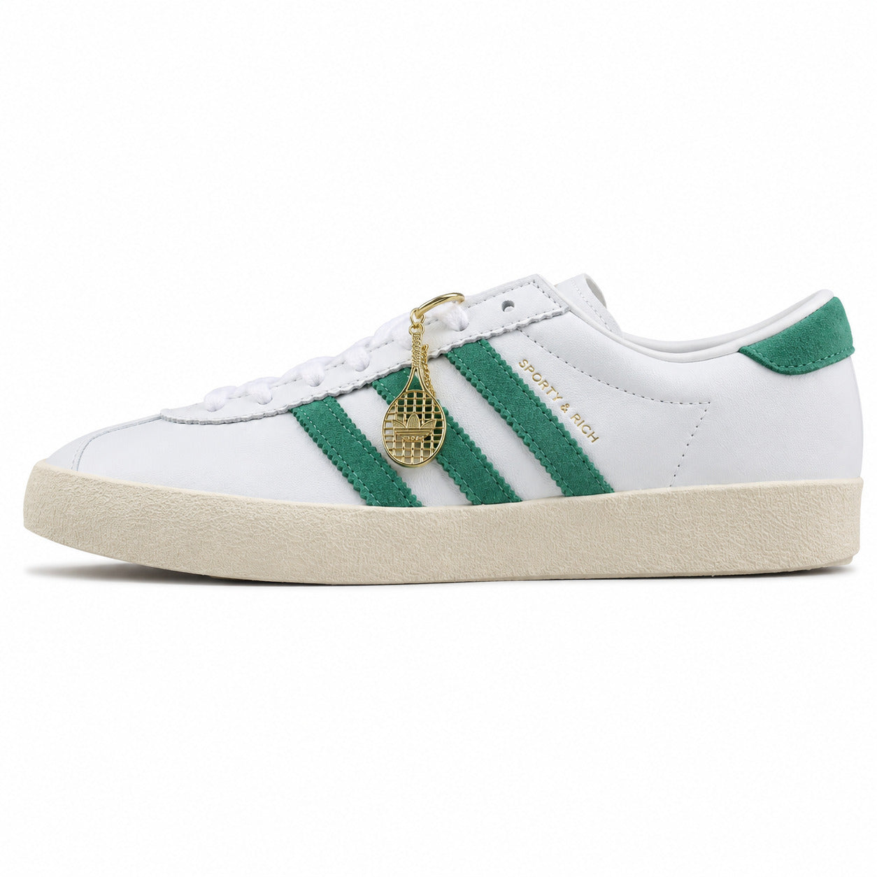 Adidas Taekwondo x Sporty Rich blanco verde ante colgante raqueta suela crema perfil izquierdo