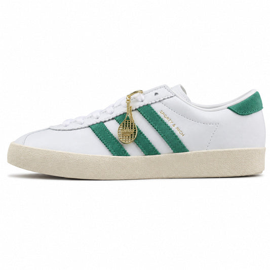 Adidas Taekwondo x Sporty Rich blanco verde ante colgante raqueta suela crema perfil izquierdo
