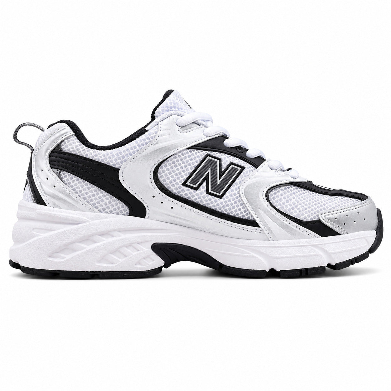 New Balance 530 blanco negro plata vista lateral derecha