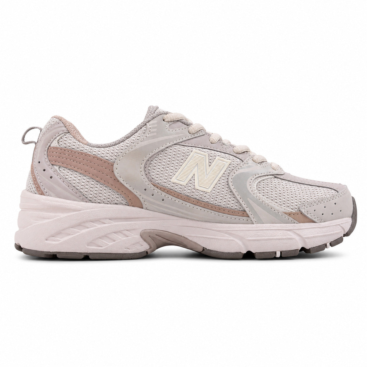New Balance 530 gris arena y rosa polvo mesh y cuero, lateral interior