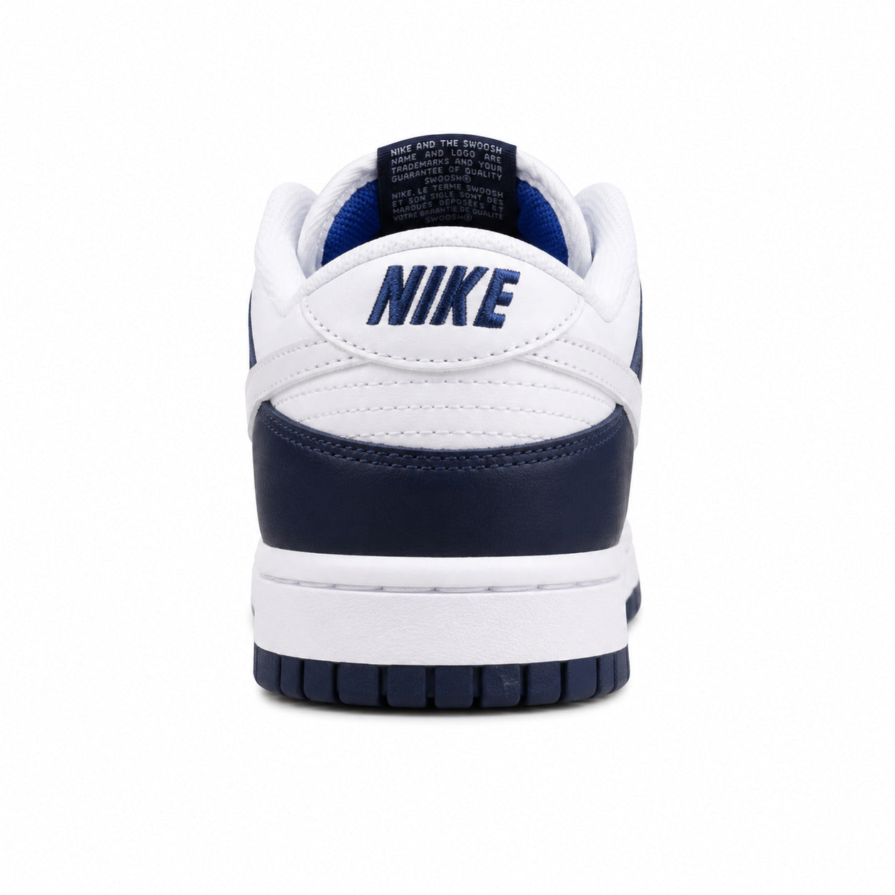Nike Dunk Low blanco azul marino royal detalle talón
